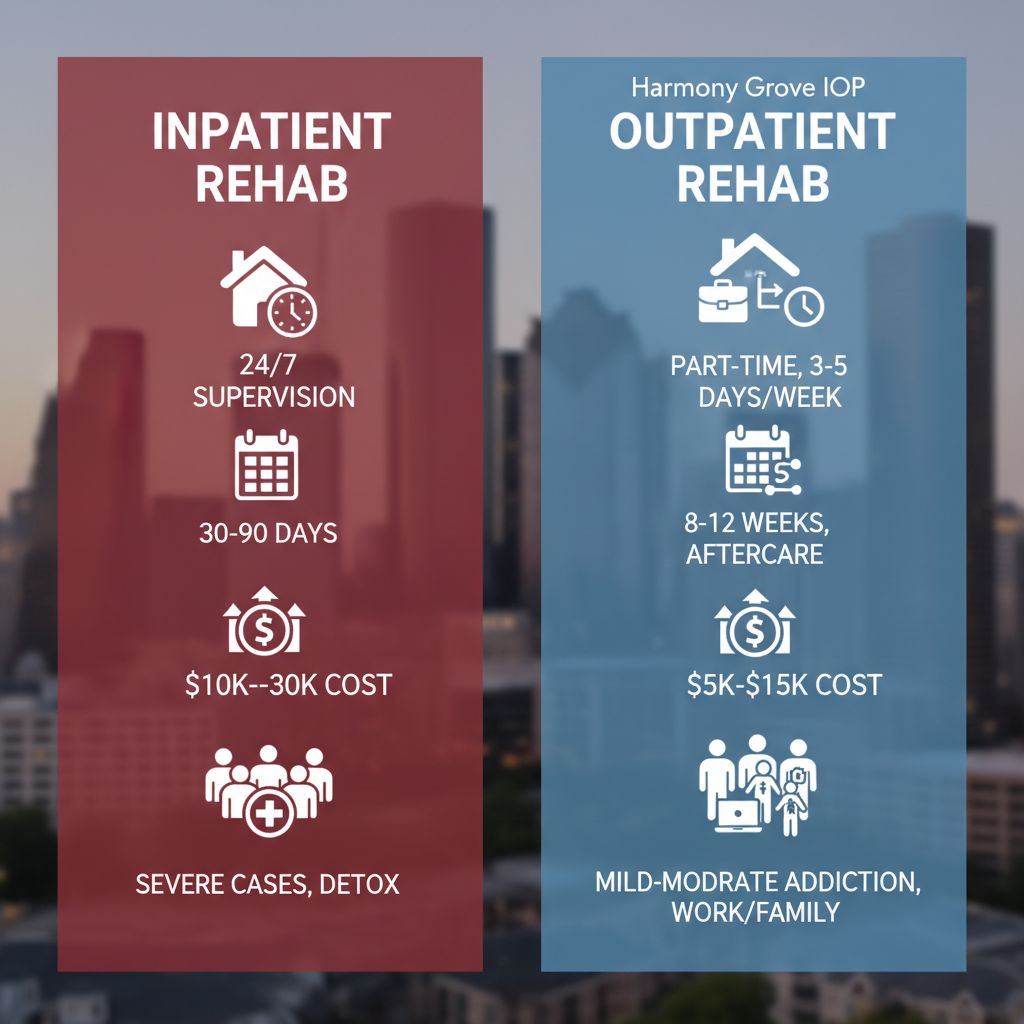 Infographic showing side-by-side comparison of inpatient versus outpatient alcohol rehab programs in Houston, Texas, including supervision, duration, costs, and suitability with icons.