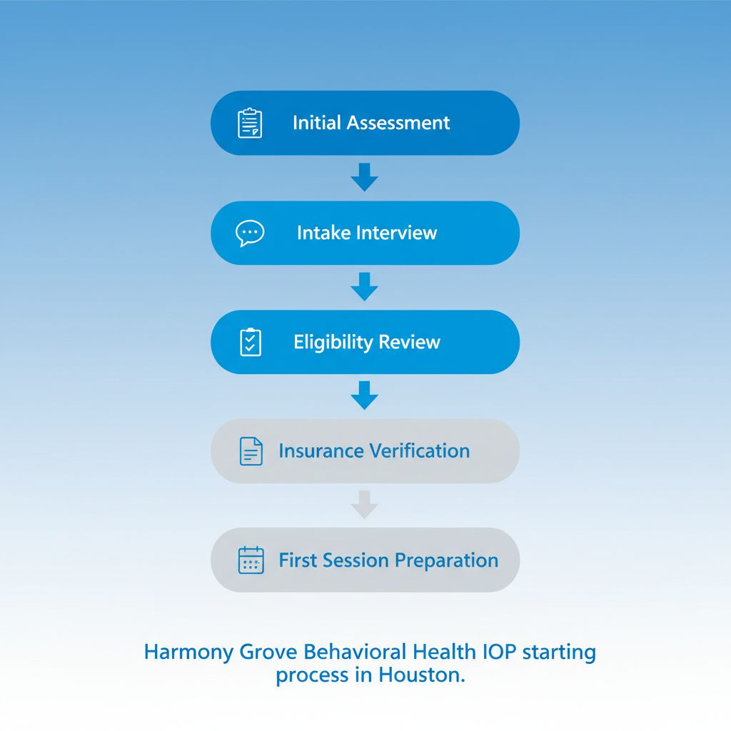 Vertical process flow diagram showing five steps to start IOP at Harmony Grove Behavioral Health in Houston with icons and brief labels.
