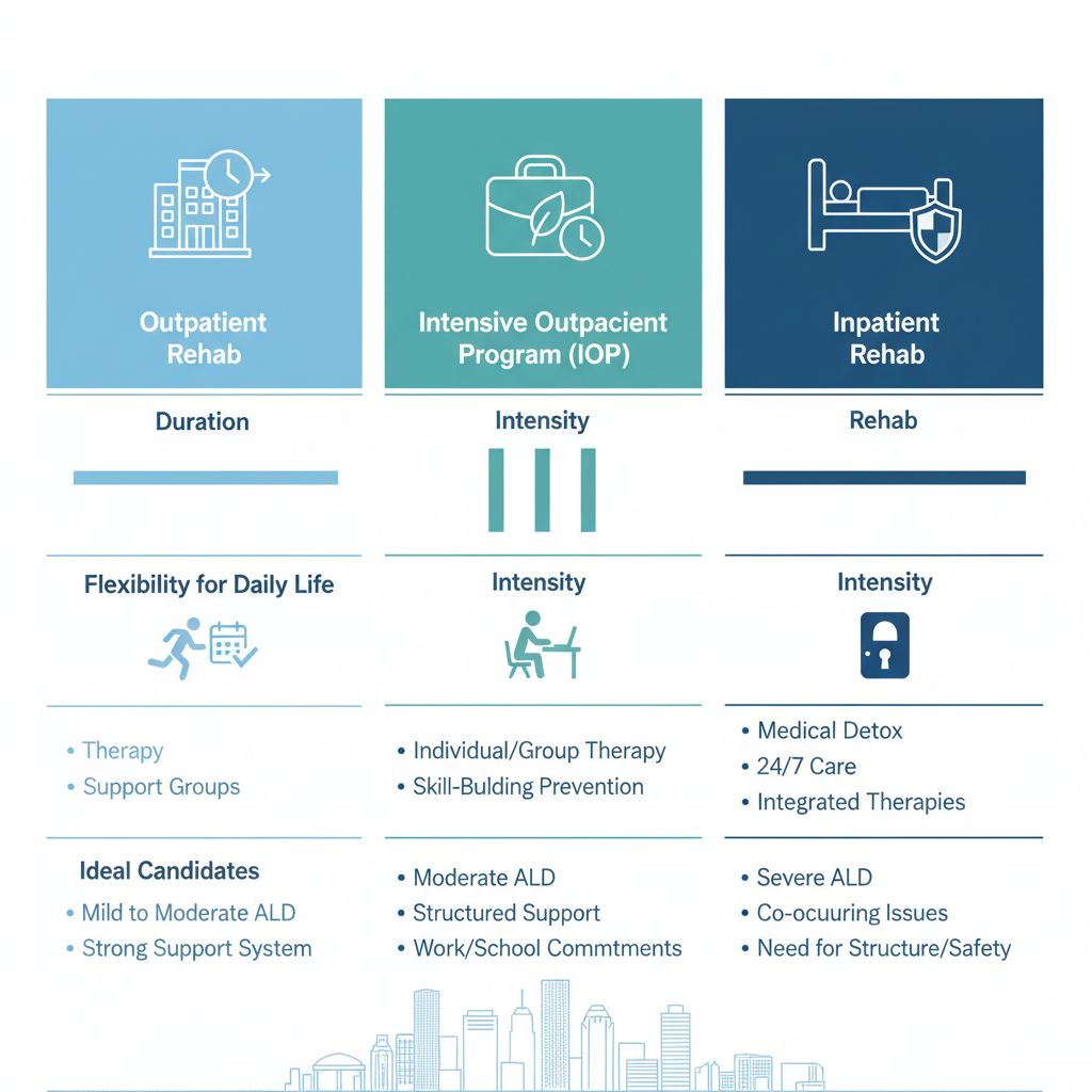 Infographic comparing outpatient rehab, intensive outpatient program, and inpatient rehab for alcohol addiction in Houston, Texas, highlighting duration, intensity, flexibility, focus areas, and ideal candidates.