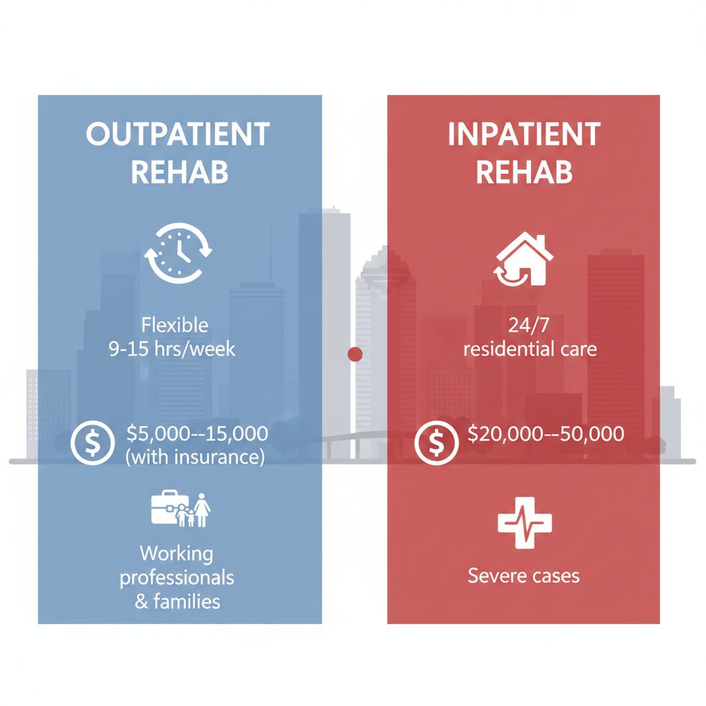 Infographic comparison of outpatient versus inpatient rehab in Houston, highlighting sessions, costs, and suitability with icons in blue and red tones.