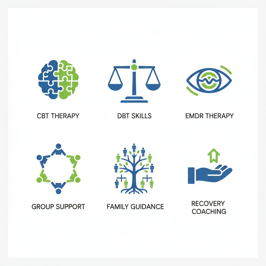 Grid of icons depicting outpatient services: CBT, DBT, EMDR, group therapy, family counseling, and recovery coaching in minimalist blue and green tones.