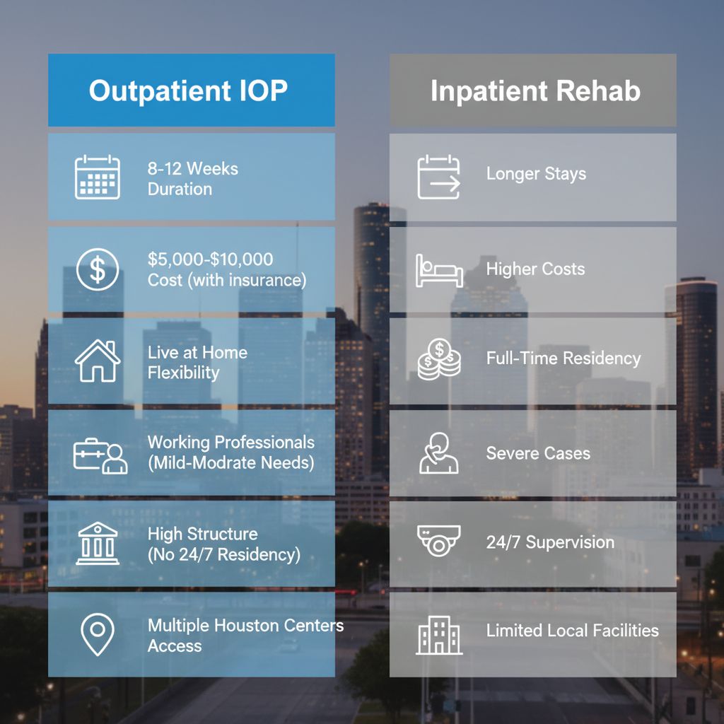 Infographic comparing outpatient intensive programs and inpatient rehab options available in Houston, Texas, featuring key differences in duration, cost, flexibility, and suitability.